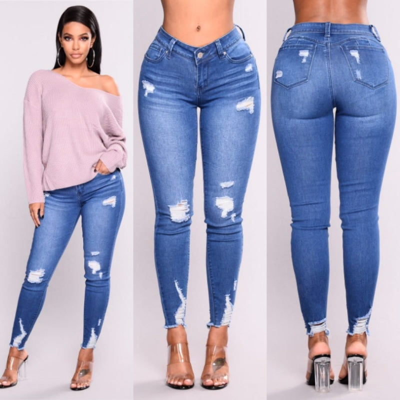 Rise Denim Ripped Skinny Jeans