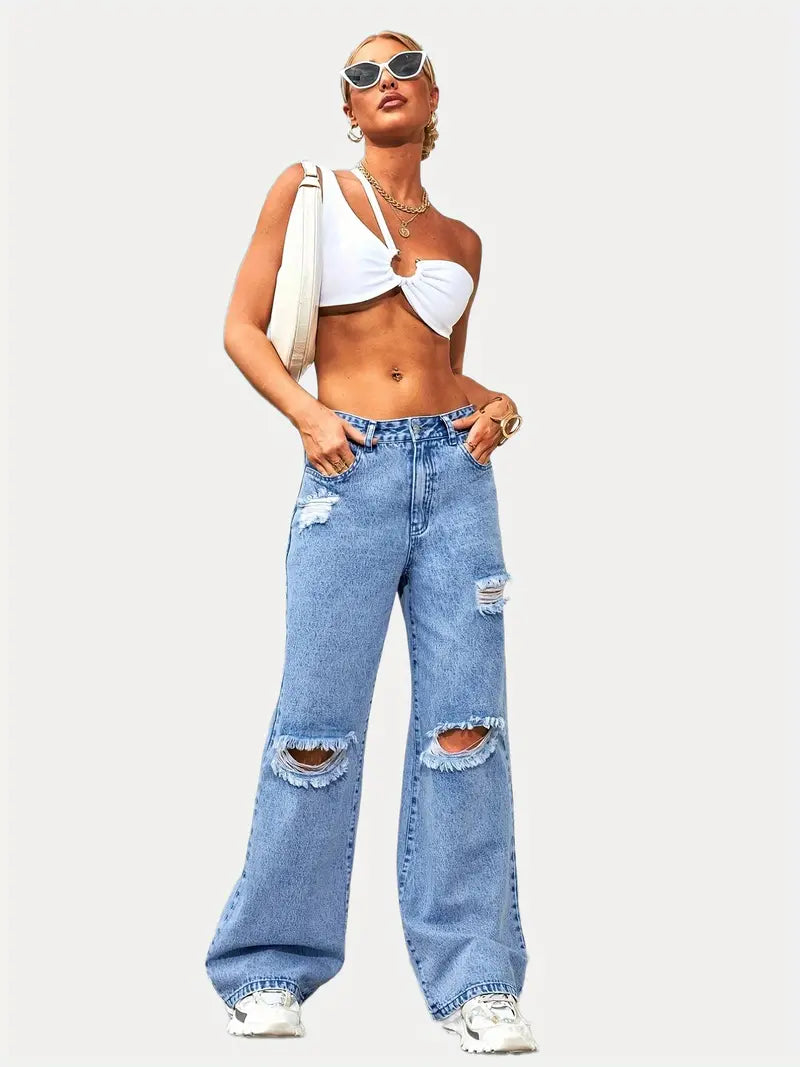 Wide Leg Ripped Jeans for Women